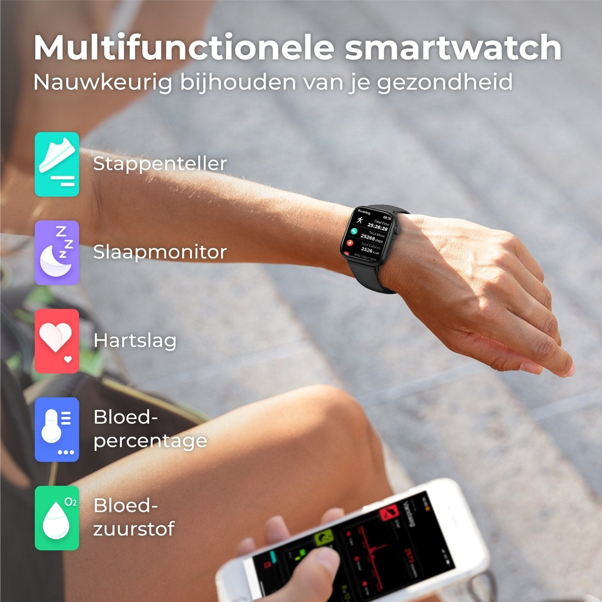 Nuvance Smartwatch Männer & Frauen - 45mm - Für iOS & Android - Schrittzähler und Herzfrequenzmesser - Wasserdicht - Schwarz