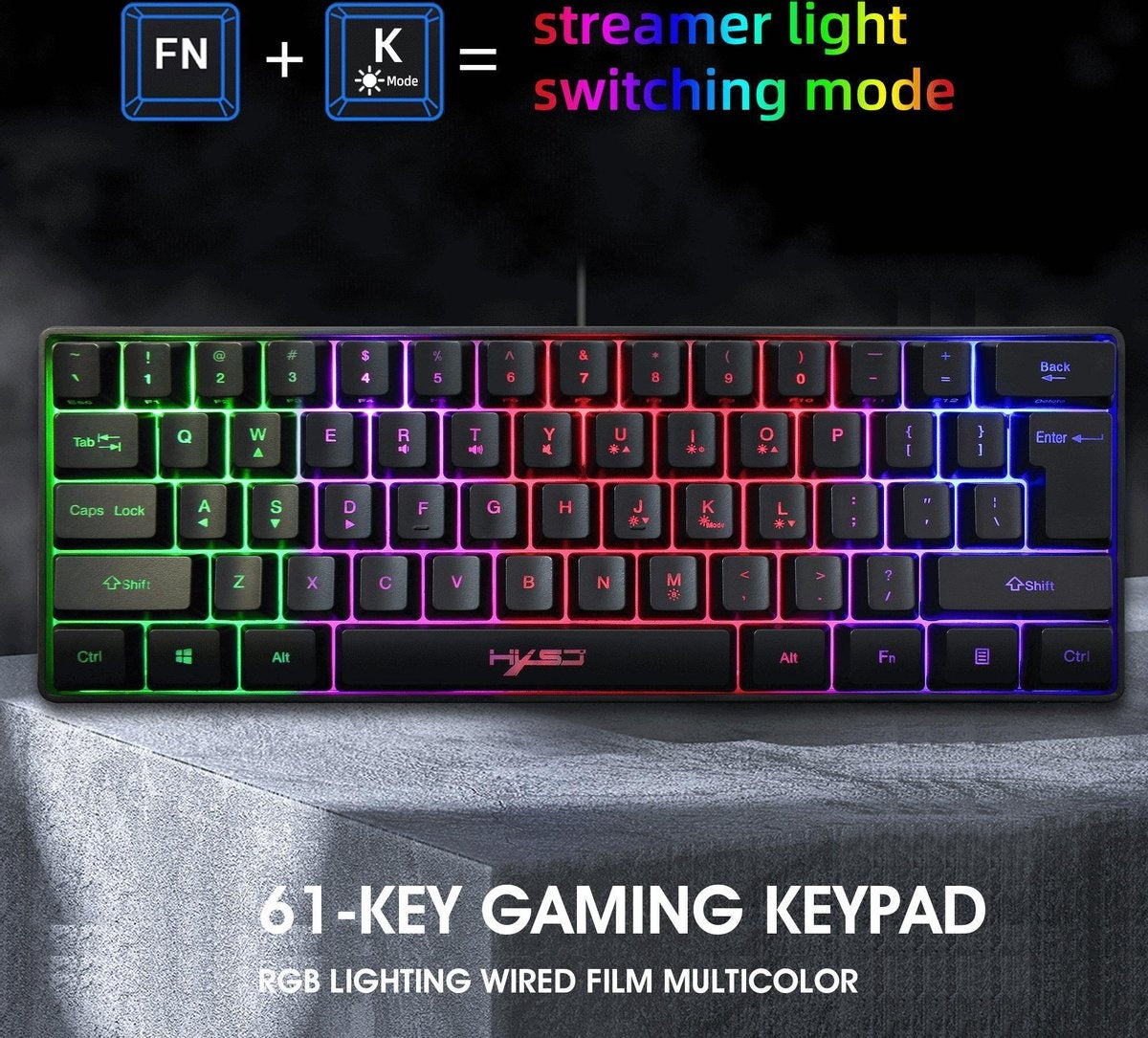 HXSJ - Gaming Tastatur - V700 - RGB Membran - 61 Tasten - kabelgebunden - Schwarz