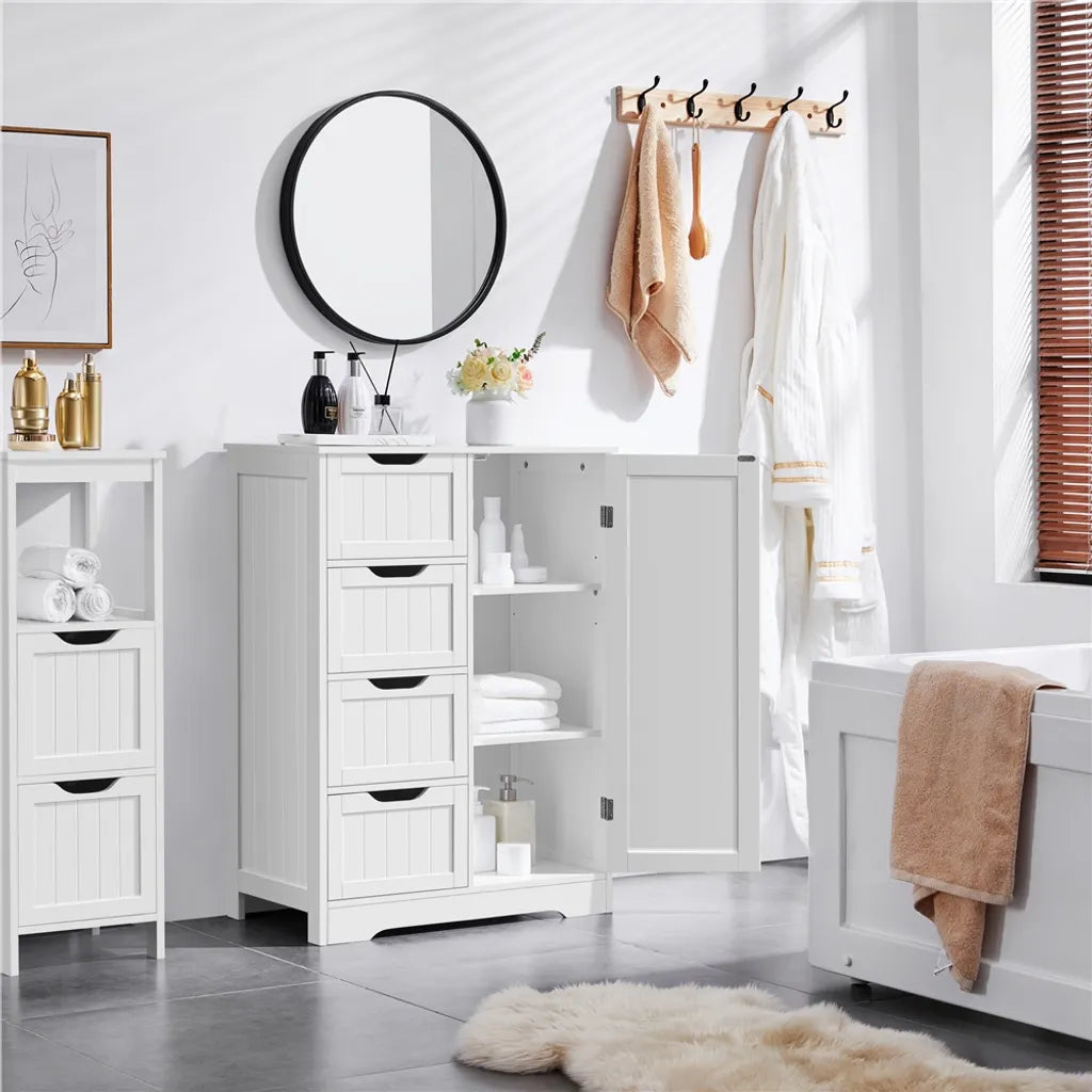 Yaheetech Badezimmerschrank mit 4 Schubladen und verstellbaren Einlegeböden – Weiß – 66 x 35 x 90 cm