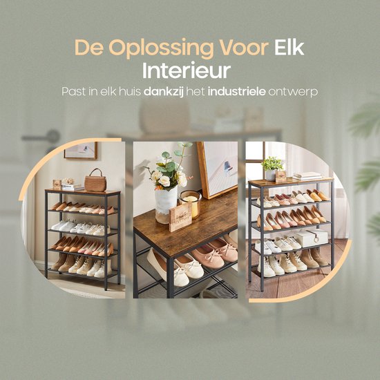 O'DADDY® Schuhregal - 5 Schichten - Schuhaufbewahrungssystem - Schuhregal - Schuhschrank - Schuhschrank - Industriedesign - Braunes Holz - Schwarzes Metall