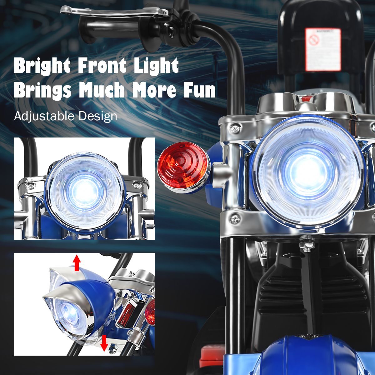 Coast Elektromotorrad für Kinder – Chopper-Stil – Verstellbarer Scheinwerfer – Musikfunktion – Blau und Schwarz – 91 x 48 x 64 cm