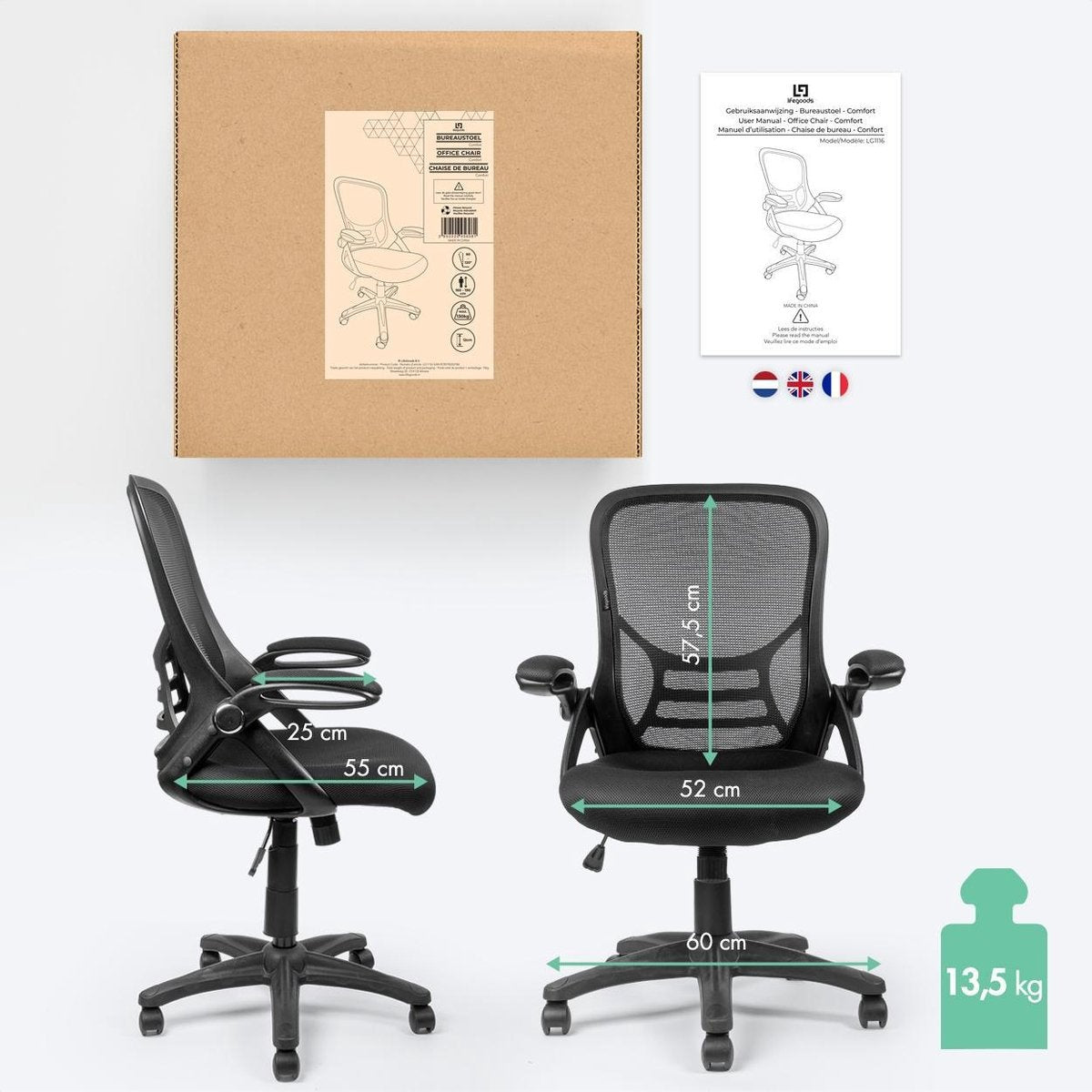 LifeGoods Ergonomischer Bürostuhl - Schreibtischstuhl - Verstellbar - Erwachsene - Schwarz