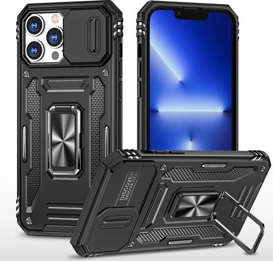 Podec Case passend für iPhone 12 Pro Schwarz Phone Case - Anti-Shock Case Cover Hybrid Armor Case mit Kickstand Ring mit Displayschutzfolie