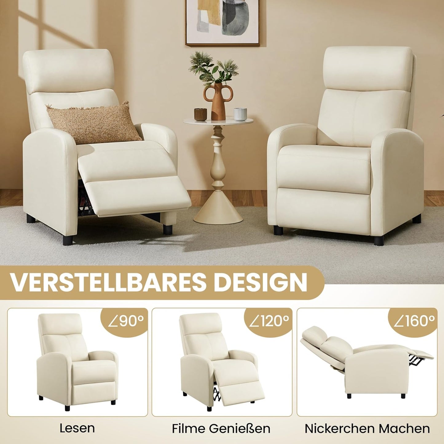 Yaheetech Relaxsessel XL – Verstellbarer Liegesessel mit Fußstütze – Kunstleder, beige – 87 x 61,5 x 99 cm