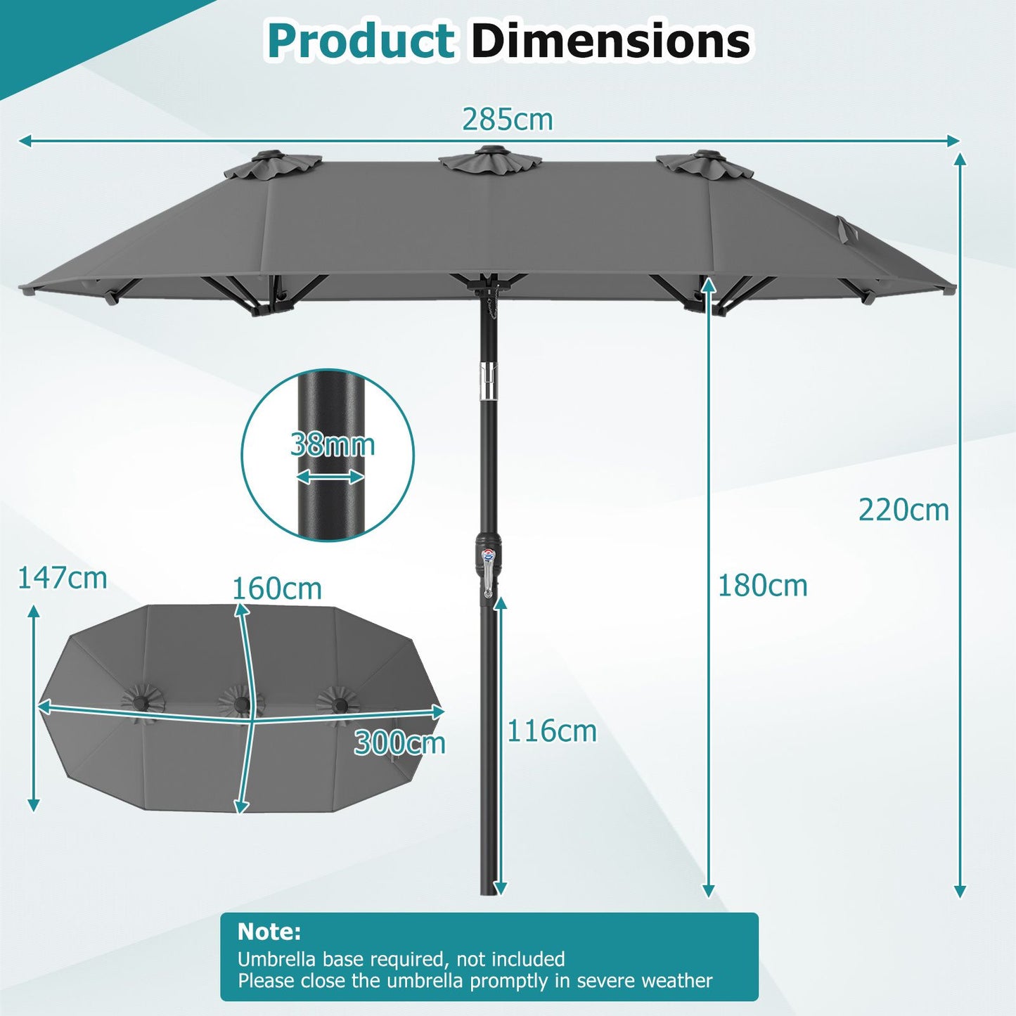 Coast Doppel-Sonnenschirm 300 x 160 cm – rechteckig – neigbar – grau