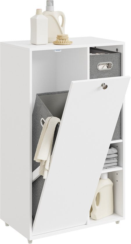 SoBuy Badezimmerschrank mit Wäschekorb, Aufbewahrungsschrank mit 2 Stoffkörben, platzsparend, für schmutzige Wäsche, Weiß, für den Waschraum BZR218-W