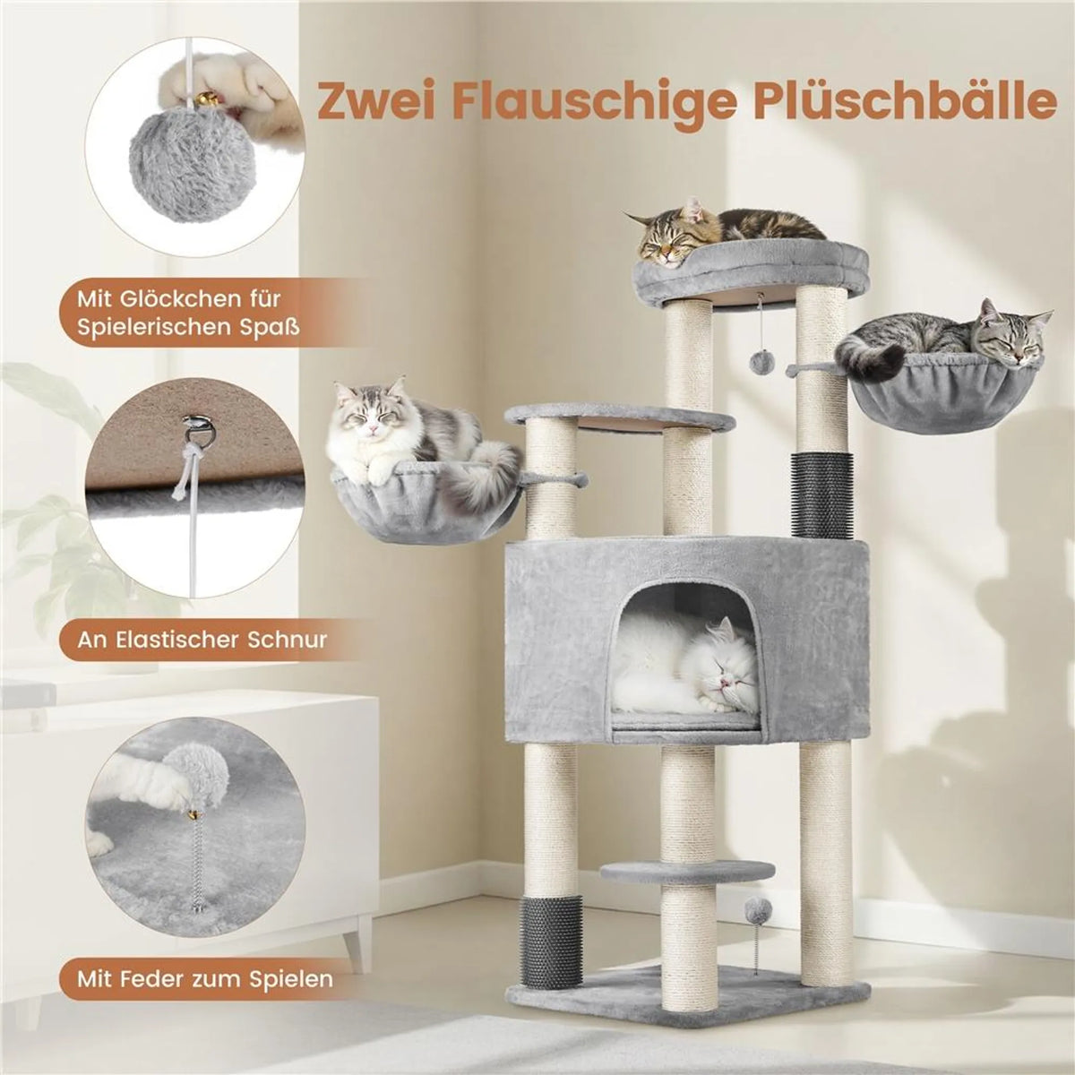 Yaheetech Kratzbaum 160 cm H – ⌀11 cm Sisalstämme, Plattformen & Katzenhöhlen – Hellgrau & Beige