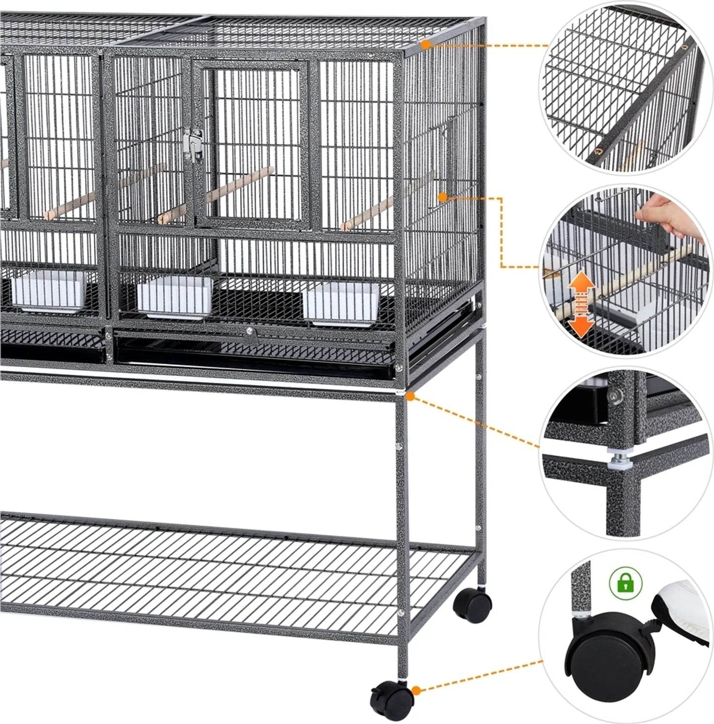 Yaheetech Vogelkäfig mit Trennwand - mit abnehmbarem Ständer und vier Sitzstangen und Aufbewahrung - für Kanarienvögel und Sittiche - schwarz lackiertes Metall und Holz - 95,5 x 45,5 x 105 cm