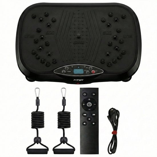 Fitby Vibrationsplatte – Fitness-Vibrationsplatte – Powerplate – inkl. Widerstandsbänder und Griffe – mit Fernbedienung – 3 Trainingsmodi – 120 Geschwindigkeitsstufen – Schwarz
