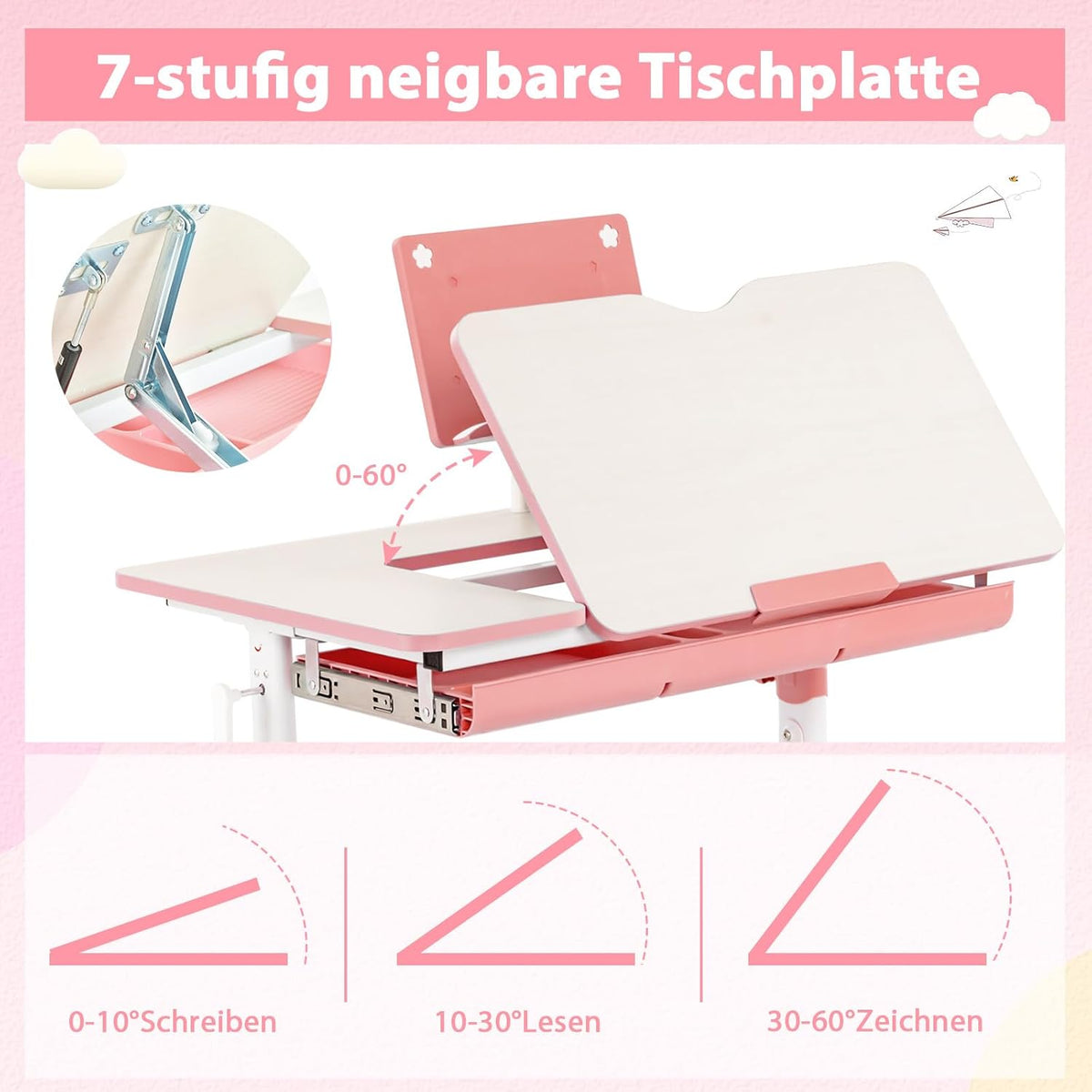 Coast Kinderschreibtisch mit Stuhl - Höhenverstellbar - Max. 110 kg - 80 x 52 x 73 cm - Rosa