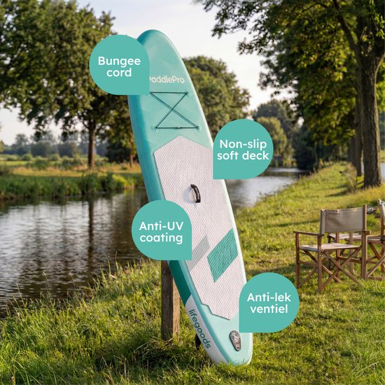 LifeGoods SUP Board All-round Compact - mit Sitz - 100 KG Tragfähigkeit - 300 x 76 cm - Aufblasbar - Komplettes SUP Paket - Mintgrün