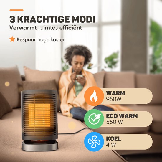 Vulpes Goods® Tech - Elektrischer Heizlüfter - Für Innenräume - Heizlüfter - Keramischer Heizlüfter - 3 Stufen - 950W - LED-Anzeige - Rotierend - Schwarz