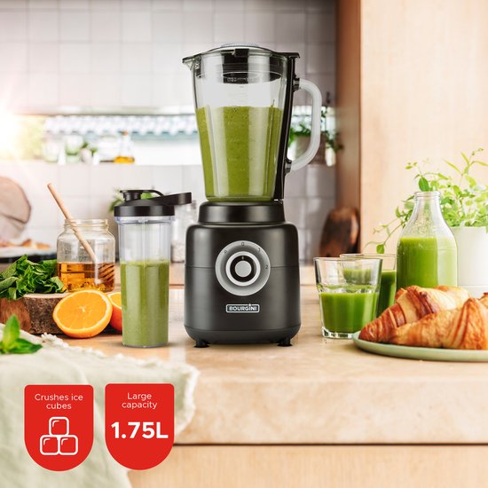 Bourgini PowerBlender - 1.75L - Blender zum Mitnehmen mit 700ml Becher - Blender Smoothie und Eiscrusher - 1000 Watt - Schwarz