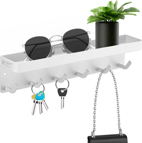 Happy Goods® Schlüsselregal Weiß - Schlüsselschrank für den Innenbereich - Selbstklebend - Schlüsselhalter - Edelstahl - Schlüsselorganizer - Schlüsselbrett Modern - Schlüsselregal inklusive Schrauben - Schlüsselschränke