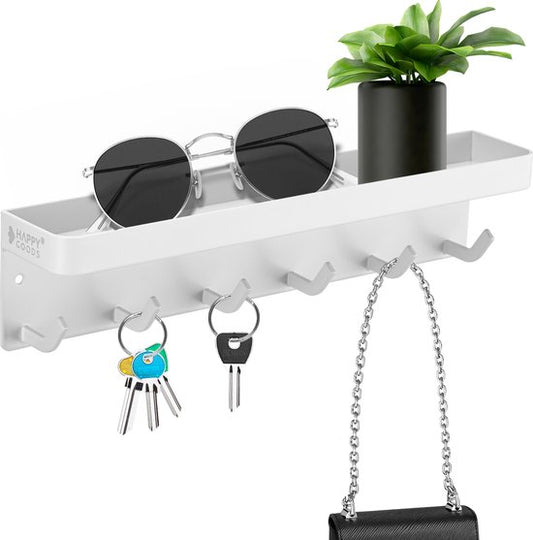 Happy Goods® Schlüsselregal Weiß - Schlüsselschrank für den Innenbereich - Selbstklebend - Schlüsselhalter - Edelstahl - Schlüsselorganizer - Schlüsselbrett Modern - Schlüsselregal inklusive Schrauben - Schlüsselschränke