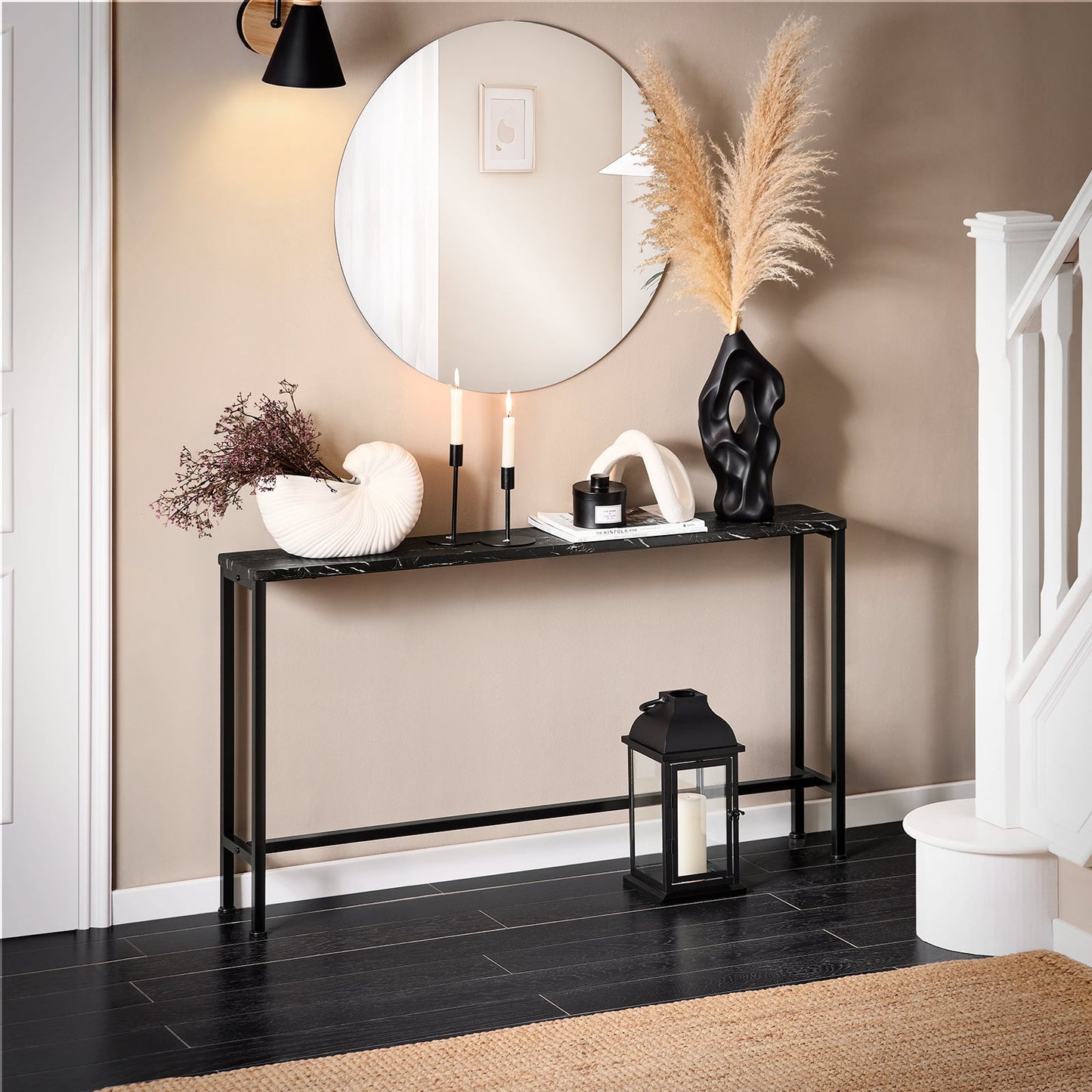 Sobuy Konsolentisch FSB19 SCH Beistelltisch – 120 cm lang, mit Tischplatte in Marmoroptik, schwarzem Metallgestell und Bodenschonern – für Flur und Wohnzimmer – Holz und Metall – 120 x 20 x 65 cm