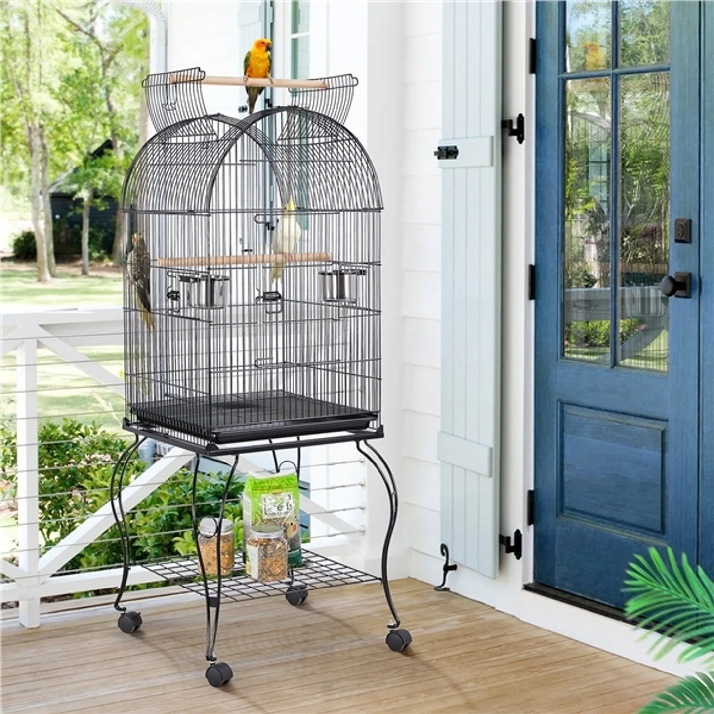 Yaheetech Vogelkäfig - Sittiche und Papageien - 59.5x59.5x150 cm - Mobil - Abnehmbarer Ständer - Sitzstangen - Schwarz