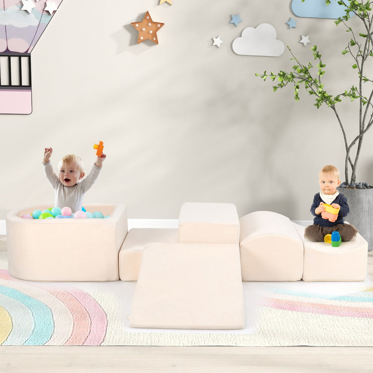 5-tlg. Schaumstoff-Spielklötze mit Bällebad - Weiche XXL-Bausteine für Kleinkinder und Kinder - Beige - zum Spielen, Klettern & Bauen