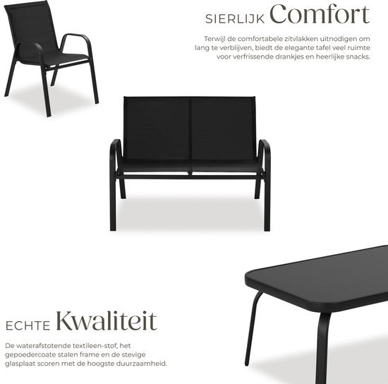 tectake® Garten-Set Nora - Moderne Sitzgruppe für 4 Personen - Lounge-Set mit Gartensofa und 2 Gartenstühlen aus atmungsaktivem, wasserabweisendem Textilgewebe - Balkonset mit Beistelltisch - Schwarz