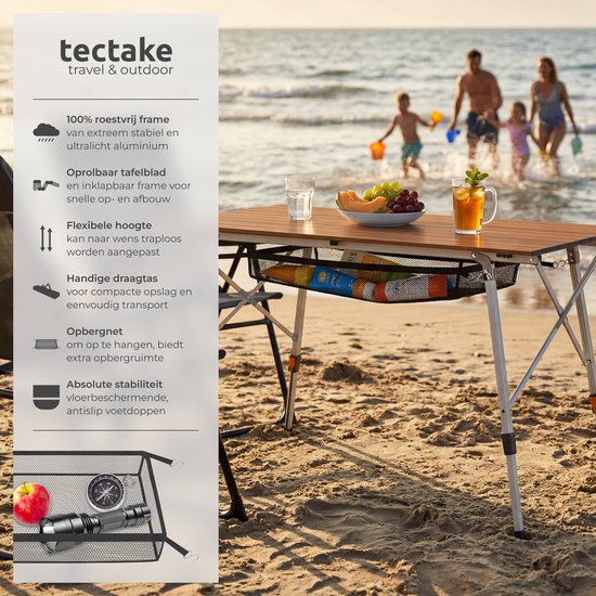 tectake® Campingtisch – 90 x 52 x 47 – 70 cm - Klapptisch aus Aluminium – Aufrollbare Tischplatte – Falt-Tisch – Reisetisch – Gartentisch – Wetterfest – Höhenverstellbar – Tragetasche – Zusammenklappbar – Holzoptik