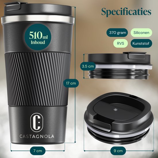 Castagnola Thermobecher – Kaffeebecher zum Mitnehmen – Reisebecher für Kaffee und Tee – Teebecher – 510 ml – Edelstahl – Schwarz