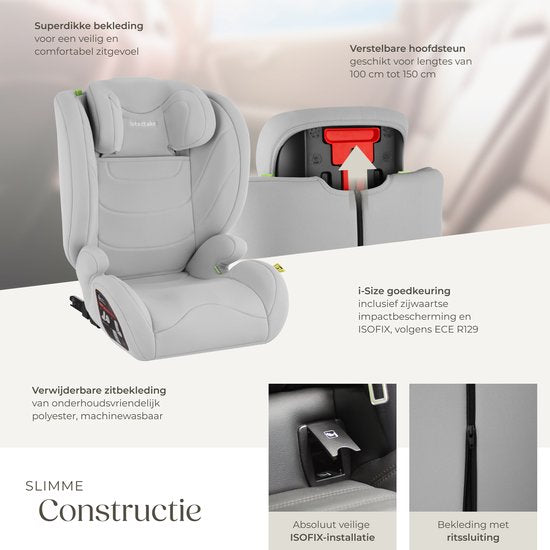 tectake® Autokindersitz i-Size Approved - ISOFIX Autositz bis 36 kg - Sicherheit und Komfort für Kinder- YB805A - hellgrau