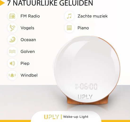 UPLY Wake Up Light - Mit USB-Ladestation - Lichtwecker - Radiowecker - 2 Weckzeiten - 7 Farben