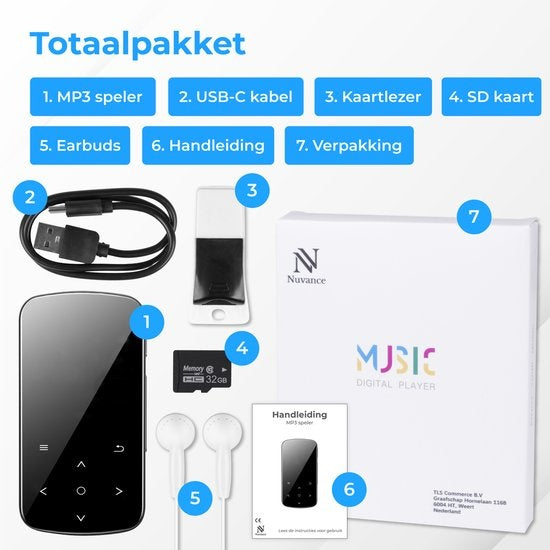 Nuvance - MP3-Player mit Touchscreen und Bluetooth - inkl. Ohrhörer und 32GB SD-Karte - mit Clip - digitaler Sprachrekorder - mit FM-Radio - Schwarz