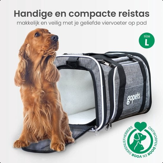 Gopets Tragetasche Hund und Katze - Hundetasche - Reisetasche - Katzentasche - Geeignet für Flugzeuge - Bis zu 9,5 kg - Grau - 46 x 28 x 28 cm - L