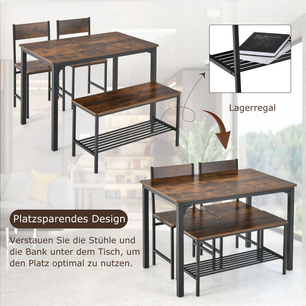 Coast 4-tlg. Esstisch-Set - Küchentisch mit 2 Stühlen & 1 Bank & Regal - industrielles Esstisch-Set