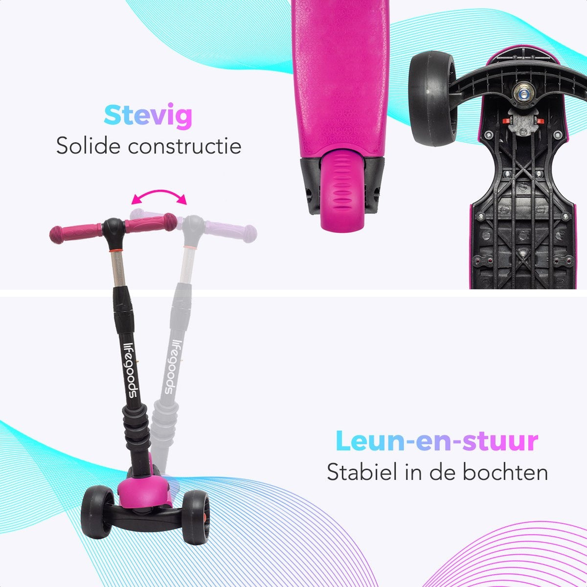LifeGoods MultiRider Kinder-Roller - Stufe 3-8 Jahre - verstellbarer Sitz - leuchtende Räder - Jungen/Mädchen - Pink