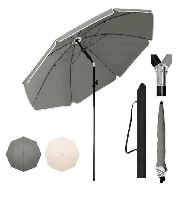 eSituro Garten-Sonnenschirm Ø 135 cm – Klassisch – 175 cm hoch – UV-Schutz – Grau/Beige