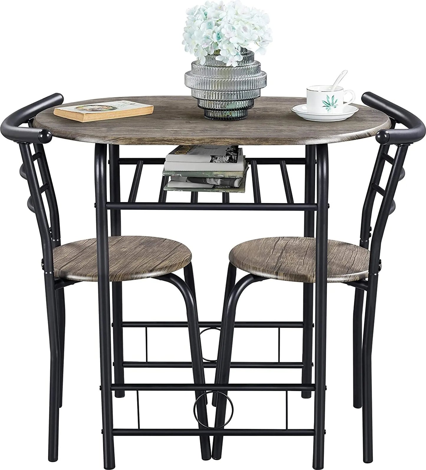 Yaheetech Dining Set von 3 - Features Tisch mit 2 Stühlen und verstellbare Lagerung Regal und wasserabweisende Beschichtung - für Küche und Esszimmer - Driftwood Brown Metall und MDF - 80 x 53 x 73,5 cm