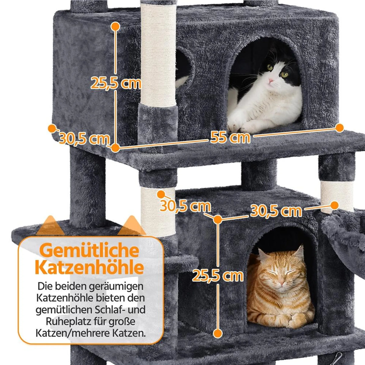 Yaheetech Katzenpfosten XXL mit 2 Aussichtsplattformen - Ausgestattet mit 2 Katzenlöchern und Hängematte und 7 Sisalpfosten - Für Haushalte mit mehreren Katzen - Dunkelgrauer Plüsch und Sisal - 55,5 x 45,5 x 170 cm