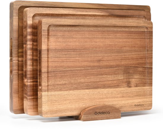 Deleca 3x Schneidebrett Set Culina - Dicke 3 cm - Schneidebretter (33x25 / 38x28 / 43x30 cm) - Mit Halter - Für Küche, Servierbrett, Käsebrett, Getränkebrett, Schneidebrett und Tapasbrett - Akazienholz