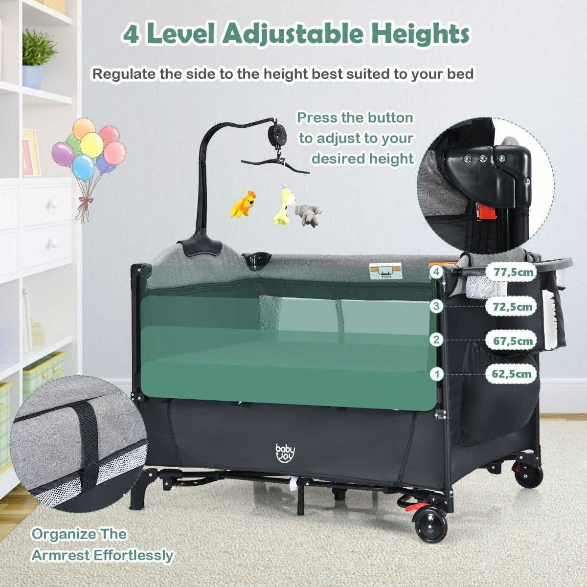 Coast Babybett - 5-in-1 Design - in 4 Höhen - Mobil - 76 x 109 x 83 cm - Schwarz