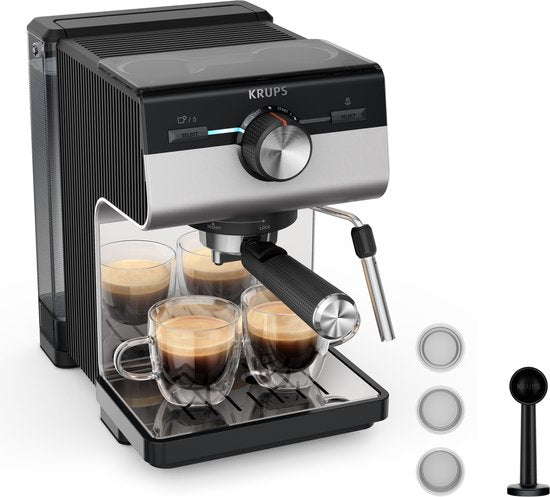 Krups Authentic XP384E10 Kolbenmaschine – Espressomaschine – 15 bar – Thermoblock-System – Edelstahl – inklusive Dampfdüse – geeignet für gemahlenen Kaffee und ESE-Pads