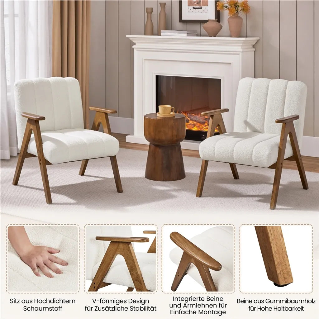 Yaheetech Sessel Weiß - Bouclé Lounge Chair mit Armlehnen und Holzbeinen - 60,5 x 68,5 x 73 cm