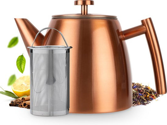 Vaja® Teekanne Juliette Rosé - Doppelwandig - 1 Liter - Edelstahl-Teekanne mit Filter & Heißhalterung