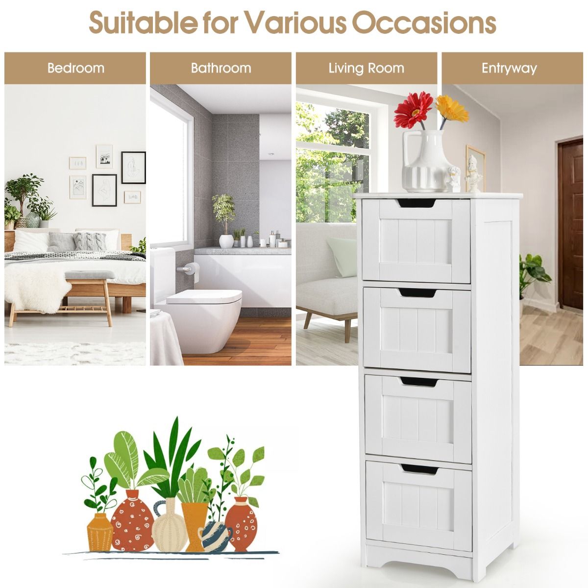 Coast Floor Storage Cabinet Badezimmerschrank mit 4 Schubladen 30 x 30 x 83,5 cm Weiß - Freistehender Nachttisch und Beistelltisch für Wohnzimmer, Schlafzimmer, Küche und Büro