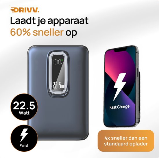 Powerbank 10.000 mAh, kompatibel mit MagSafe, mit USB-C-Kabel – 3-in-1-Design – 22,5 W kabellose Powerbank – inklusive 60-W-Ladekabel – Schnellladefunktion – USB & USB-C – Schwarz –