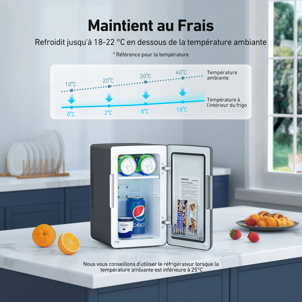 AstroAI Mini-Kühlschrank, warm/kalt, 6 l, 8 Dosen, CA/CC, 25 x 31 x 18,5 cm, tiefschwarz