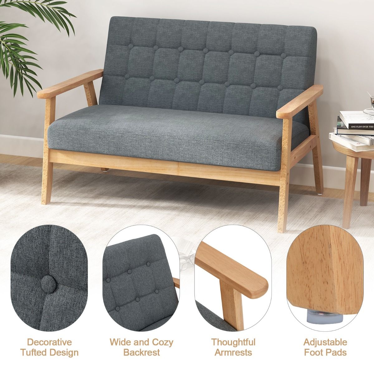 Coast Linen Loveseat 2-Sitzer – Grau – 114 x 72 x 77 cm – Rahmen aus Kautschukholz – Mid-Century-Design