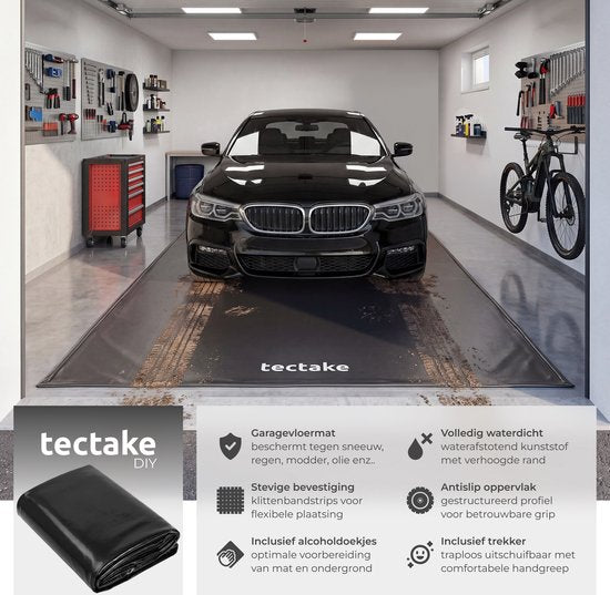 tectake® Garagenmatte – Bodenmatte – 550 x 240 cm – Rutschfest und wasserdicht – Inklusive ausziehbarer Zugleine, Klettpads und Alkoholtüchern – Umweltmatte – Werkstattmatte – Für Garage, Motorrad und Auto