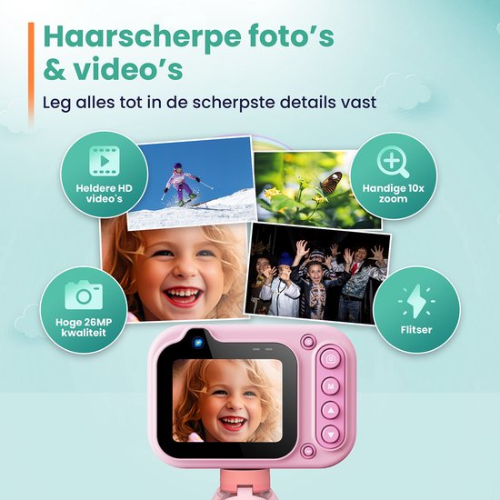 ODESSEY Wasserdichte Kinderkamera – mit Stativ – Full HD – Selfie-Kamera – 32 GB SD-Karte – Foto – Video – Spiele – Digitalkamera für Kinder – Fotokamera für Kinder – Rosa