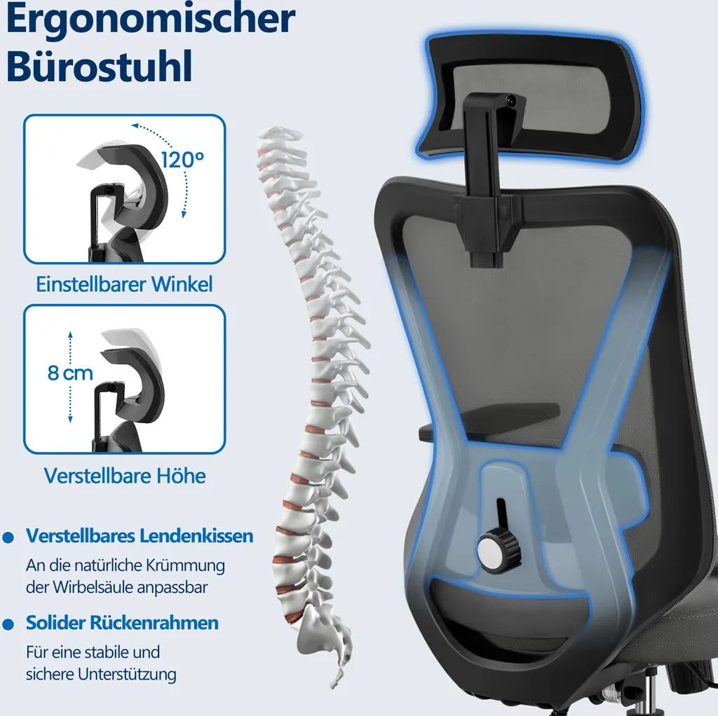 Yaheetech Ergonomischer Bürostuhl - Mesh - Verstellbar - Mit Kopfstütze - Armlehnen - Schwarz