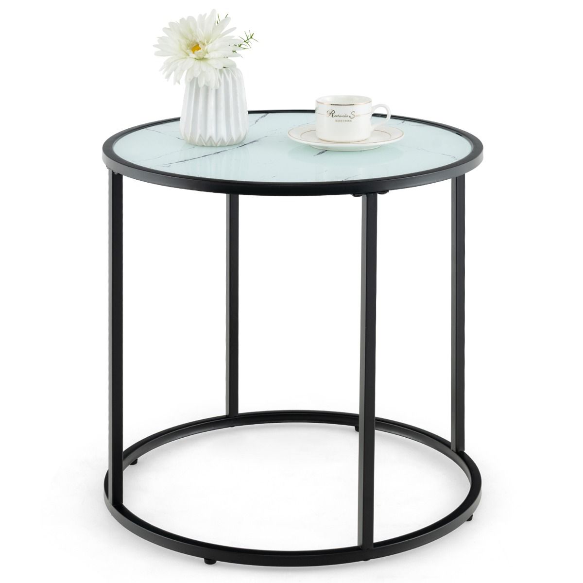 Coast 50 cm Runder Beistelltisch aus Glas mit Platte in Marmoroptik und schwarzem Metallgestell - Modernes Design
