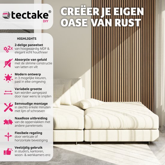 Tectake Akustikpaneele Sonic Wall - 2er-Set - Eiche hell - Schallabsorbierendes Paneel - 120x60x2,1cm pro Panel