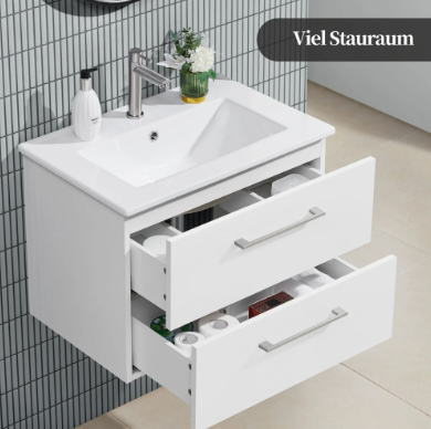Yaheetech Badezimmerschrank mit Waschbecken – Weiß Hochglanz – 61 x 39,5 x 45,5 cm – Wandmontage, 4 Schubladen, Keramik-Waschbecken