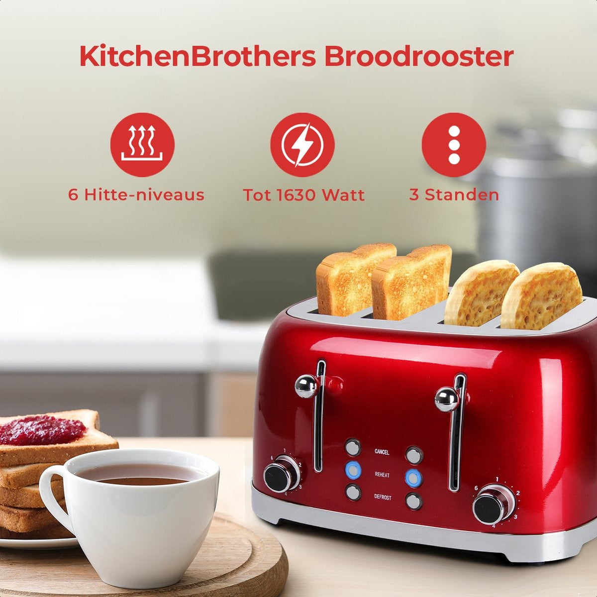 KitchenBrothers Retro-Toaster - 6 Heizstufen - 4 extra breite Schlitze - 1630W - Aufwärm- und Auftaufunktion - Rot